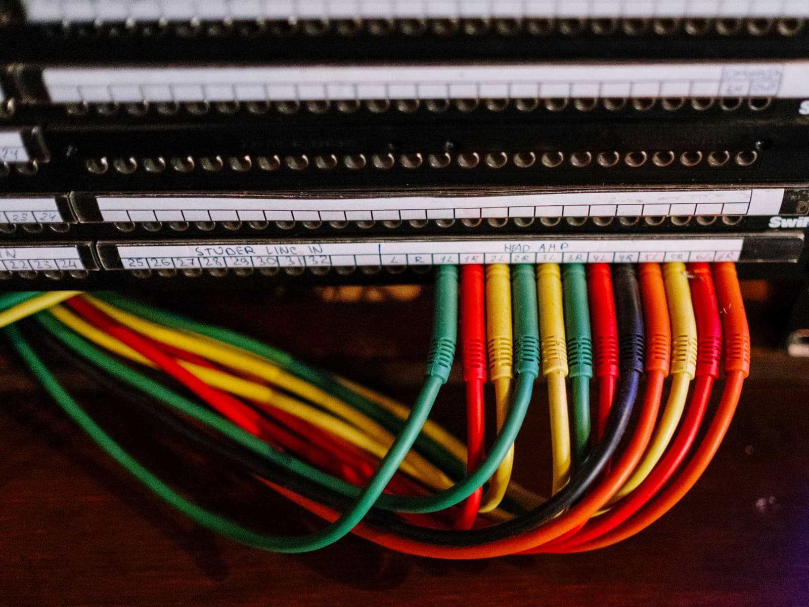 Neatly dressed structured cabling terminated into a rack-mounted patch panel